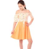 Toontoy Kız Çocuk Regular Fit Carmen Yaka Kısa Kollu Askılı Elbise - Renk Bloklu - 8 - 9 - Turuncu