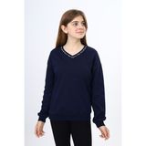 Toontoy Kız Çocuk Regular Fit V Yaka Düşük Omuz Baskılı Sweatshirt - 2 Iplik - Lacivert - 6 - 8 Yaş