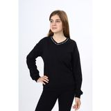 Toontoy Kız Çocuk Regular Fit V Yaka Düşük Omuz Baskılı Sweatshirt - 2 Iplik - Siyah - 8 - 9 Yaş