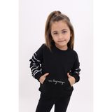 Toontoy Kız Çocuk Relax Fit Bisiklet Yaka Cepli Baskılı Sweatshirt - Kolu Çizgili & 2 Iplik - Siyah - 3