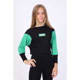 Toontoy Kız Çocuk Relax Fit Bisiklet Yaka Düşük Omuz Baskılı Crop Sweatshirt - Renk Bloklu & 2 Iplik - Siyah - 8 - 9 Yaş