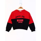 Toontoy Kız Çocuk Relax Fit Bisiklet Yaka Düşük Omuz Baskılı Renk Bloklu Sweatshirt - 2 Iplik - Kırmızı - 10