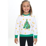 Toontoy Kız Çocuk Relax Fit Bisiklet Yaka Düşük Omuz Baskılı Sweatshirt - Renk Bloklu & 2 Iplik - Beyaz - 5