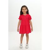 Toontoy Kız Çocuk Relax Fit Bisiklet Yaka Kısa Kollu Kat Kat Elbise - Düğmeli - 3 - Fuşya