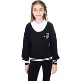 Toontoy Kız Çocuk Relax Fit Polo Yaka Düşük Omuz Baskılı Okul Sweatshirt - Garnili & 2 Iplik - Siyah - 8 - 9 Yaş