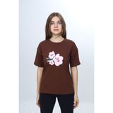 Toontoy Kız Çocuk Sakura Çiçek Baskılı Tişört - Kahve - 6 - 7 Yaş