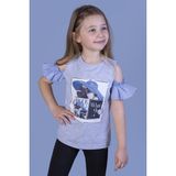 Toontoy Kız Çocuk Şapkası Garnili Köpek Baskılı T-Shirt - 5 Yaş - Gri Melanj