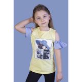 Toontoy Kız Çocuk Şapkası Garnili Köpek Baskılı T-Shirt - 7 Yaş - Sarı