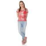 Toontoy Kız Çocuk T-Shirt Komple Varak Baskı Lazer Kesim - 10 Yaş - Nar Çiçeği