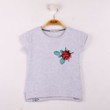 Toontoy Kız Çocuk T-shirt Uğur Böceği Nakışlı - 4 Yaş - Gri Melanj