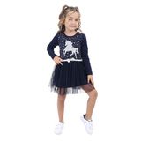 Toontoy Kız Çocuk Taş İşlemeli Tül Detaylı Unicorn Baskılı Elbise Lacivert 3 YAŞ