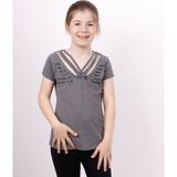Toontoy Kız Çocuk Yaka Biyeli Taşlı T-shirt - 8 Yaş - Antrasit Melanj