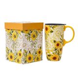 Topadorn Kahve Seramik Kupa Porselen Latte Çay Bardağı Kapaklı Hediye Kutusu 17 oz., Ayçiçekleri.