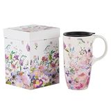 Topadorn Seramik Kupalar Porselen Latte Çay Fincanı Hediye Kutulu Kahve Kupası, 481 ml. Pembe Bahçe