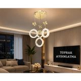 Toprak Aydınlatma Halka 4'lü LED Avize Gold Kaplama | 3 Renk Işık Seçeneği, Kelebek Dekorlu, Sarkıt Tasarım, Oturma Odası İçin, Kristal Halka