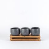 TOPSAN Tombul Ahşap Yüksek Standlı Beyaz Granit Desenli Antrasit Kaktüs ve Sukulentlik 3'lü Saksı (Beyaz-Antrasit)