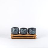 TOPSAN Tombul Ahşap Yüksek Standlı Turkuaz Mermer Desenli Antrasit Kaktüs ve Sukulentlik 3'lü Saksı (Antrasit-Yeşil)