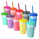 Topsei Kapaklı ve Pipetli Plastik Çocuk Bardakları - 10'lu Paket 340 ml Pipetli Yeniden Kullanılabilir Bardak | Renkli Değiştiren Kupa Yetişkinler Toplu Seyahat Bardakları Soğuk Kahve için İçecek Bardakları