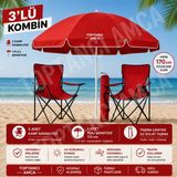 Toptancı Amca 3'lü Kamp ve Plaj Seti 2 Adet Katlanır Kamp Sandalyesi + 1 Adet 170 cm Ayarlanabilir Plaj Şemsiyesi Taşıma Çantalı - Kırmızı
