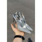 topuksarayı Tao gümüş simli sivri burun slingback ince topuk kadın abiye ayakkabı