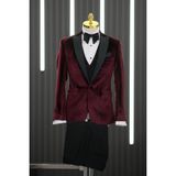 Torres Regular Fit Kırlangıç Yaka Çift Yırtmaç Kadife Smokin Takım Elbise - Bordo - 52 / 6