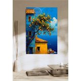 Tosbart Soyut Yağlı Boya Görünümlü Portakal Ağacı Evler Ve Deniz Manzarası Hd Kanvas Tablo - 60 x 90