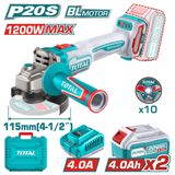 Total P20S Brushless Avuç Taşlama 115mm, 20V, 2x4.0Ah | 1200W Maks Güç, 10 Kesme Diski, Şarj Cihazı Dahil, Taşıma Çantası, P20S BL Motor