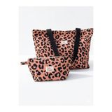 Totebag Çanta ve Makyaj Çantası, Keten Plaj Çantası 2'li Set, Kadın Omuz Çantası, Leopar Standart