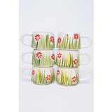 touchmughm El Yapımı Seramik 6'lı Kahve Fincan Seti, Double Kupalar, Seramik Kırmızı Papatya Kahve Fincanı, Mug