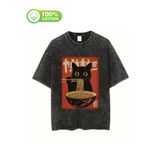 Toum Cute Noodle Cat Baskılı Unisex Yıkamalı Vintage Oversize T-Shirt, S/M, Siyah