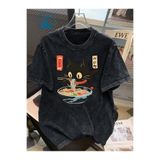 Toum Cute Noodle Cat Baskılı Unisex Yıkamalı Vintage Oversize T-Shirt