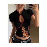 Toum Mandarin Yaka Ejderha Motifli Vintage Qipao Kısa Kollu Crop