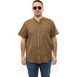 Tousus Erkek Büyük Beden Camel Renk Yaprak Desenli Keten Hakim Yaka Cepli Kısa Kol Gömlek KK-8002-TSS - 3XL