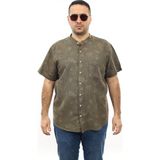 Tousus Erkek Büyük Beden Haki Renk Yaprak Desenli Keten Hakim Yaka Cepli Kısa Kol Gömlek KK-8001-TSS - 5XL