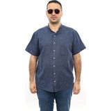 Tousus Erkek Büyük Beden Lacivert Renk Yaprak Desenli Keten Hakim Yaka Cepli Kısa Kol Gömlek KK-8006-TSS - 3XL
