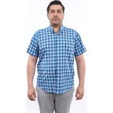 Tousus Erkek Büyük Beden Lacivert-Turkuaz Ekose Likralı Pamuk Düğmeli Yaka Cepli Kısa Kol Gömlek Kk-8027-Tss - Lacivert - Turkuaz - 4XL