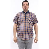 Tousus Erkek Büyük Beden Yarım Patlı Lacivert-Kahverengi Ekose Likralı Pamuk Düğmeli Yaka Cepli Kısa Kol Gömlek Kk-8039-Tss - Lacivert - Kahverengi - 5XL