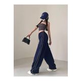 Touz Moda Harajuku Zip Detail Çift Çizgili Navy Blue Tracksuit Oversize Lacivert Kadın Eşofman Altı