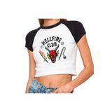 Touz Moda Hellfire Club Baskılı Reglan Kol Beyaz Crop Kadın T-Shirt