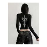 Touz Moda Uzun Kollu Sırt Baskı Gothic Bluz Crop