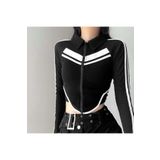 Touz Moda Y2k Moto Biker Şeritli Uzun Kol Baskılı Crop Bluz