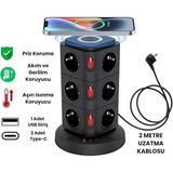 Tower Tipi Akım Korumalı Priz – 12 Prizli ve 4 USB Girişli, Bireysel Anahtarlı, Kısa Devre Koruma, Masa Üstü Dikey Tasarım – Ev ve Ofis Için Düzenli Çözüm - 1 Adet - Ahşap