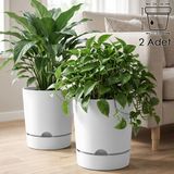 ToXA 2 Adet 9 Litre Begonya Saksı Seti 25cm Mat Plastik Drenajlı Tabaklı Çiçek Saksısı Set - Beyaz - 9L Set