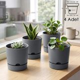 ToXA 4 Adet 0,5 Litre Begonya Saksı Seti 9cm Mat Plastik Drenajlı Tabaklı Çiçek Saksısı Set - Gri - 0,5L Set