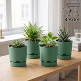 ToXA 4 Adet 1,8 Litre Begonya Saksı Seti 15cm Mat Plastik Drenajlı Tabaklı Çiçek Saksısı Set - Yeşil - 1,8L Set