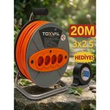 Toxval 3 x 2,5 20 M Sertifikalı Makaralı Seyyar Uzatma Kablosu 4 Prizli ( Dörtlü ) - Gri