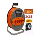 TOXVAL 3 x 2,5 30 Metre Makaralı Seyyar Uzatma Kablosu 4 Prizli ( Dörtlü )