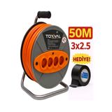 TOXVAL 3 X 2,5 50 m Sertifikalı Makaralı Seyyar Uzatma Kablosu 4 Prizli ( Dörtlü )