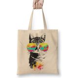 Toyaso Cat Kedi Cat Kedi Esintisi Güneş Gözlüklü Beyaz Bez Çanta Uzun Saplı Alışveriş Çantası Plaj Çantası - 34*40 cm - 001-Beyaz