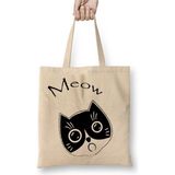 Toyaso Cat Meow Kedi Beyaz Bez Çanta Uzun Saplı Alışveriş Çantası Plaj Çantası - 34*40 cm - 001-Beyaz